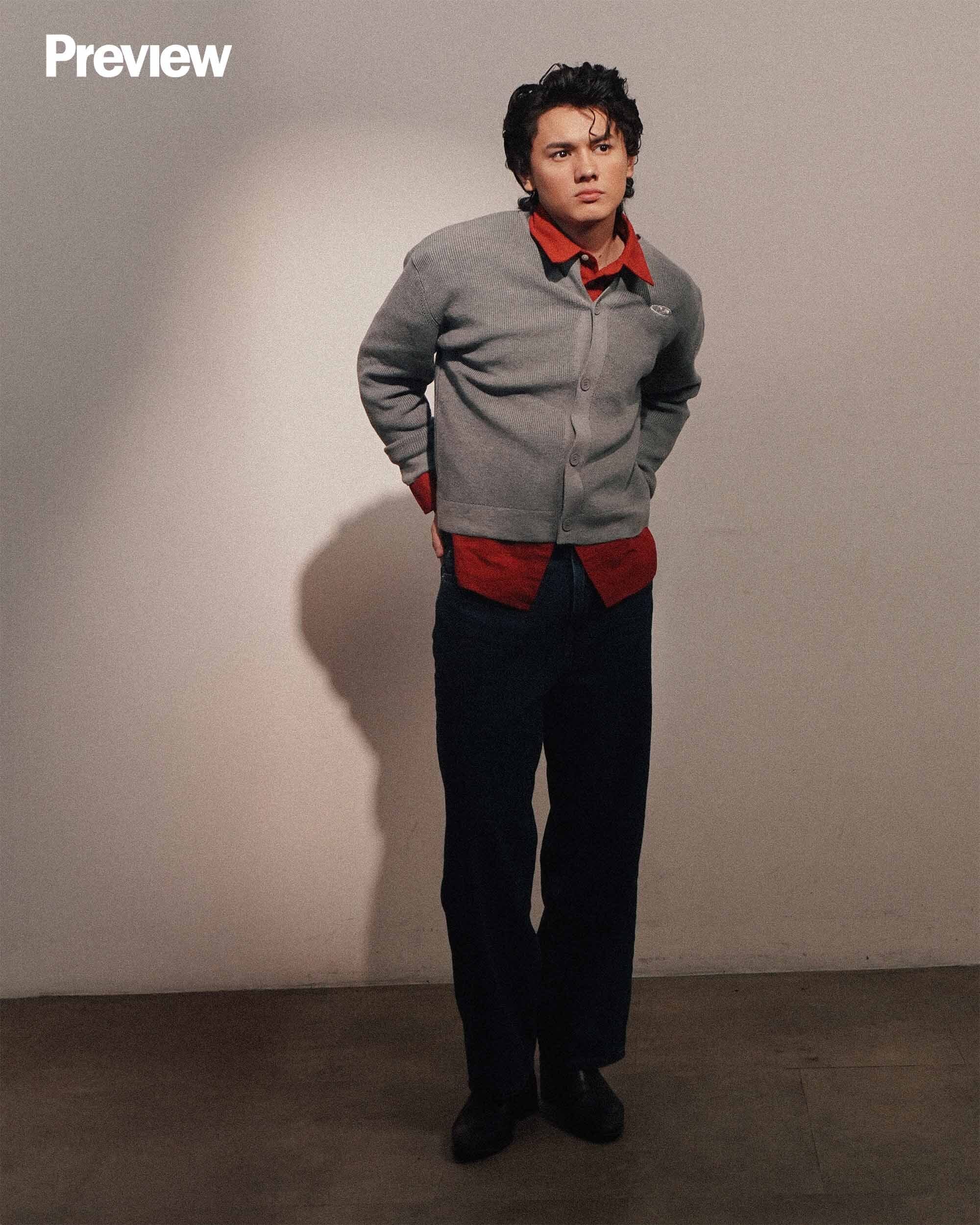 ON JOSH: The BN Cardigan - Heather Gray, P1599, BLANC NUE, shopee.ph. Relaxed-Fit Oxford Shirt - Red, P1290. Straight-cut Medium Wash Jeans, P1990, H&M, Megamall.